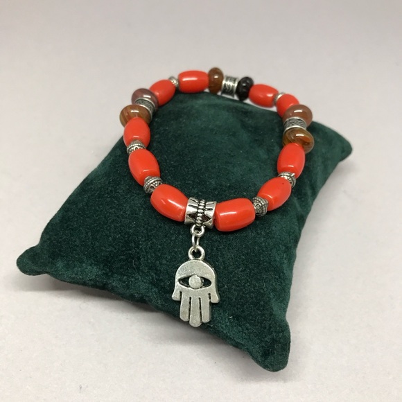 Hamsa bracelet with coral colored beads. New, with Fatima hand charm. - Picture 2 of 6